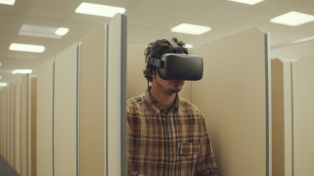 A man in a virtual reality headset stuck in an office cubicle, mocking how technology can limit personal freedom.の素材