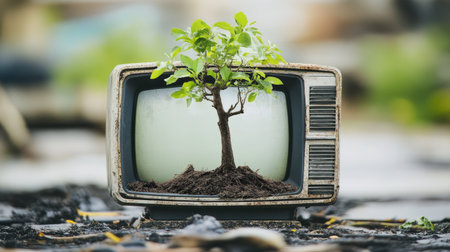 A tree growing out of a cracked television, satirizing the environment versus media consumption.の素材