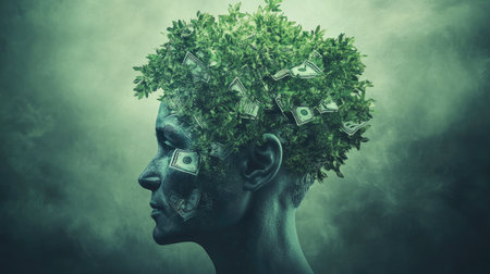 A tree growing from a politicians head, its leaves forming dollar signs, symbolizing greed-driven policies.の素材