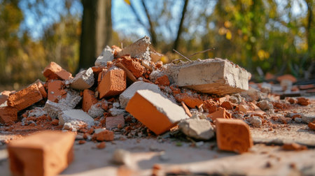 Dust-covered demolition site with scattered bricks, concrete fragments, and shattered wood.の素材