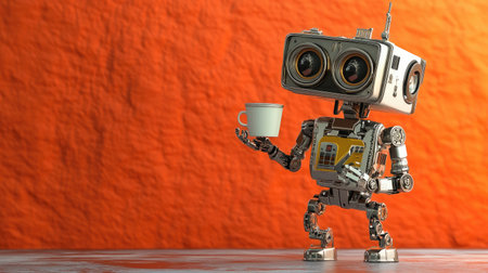 A robot holding a coffee cup, mocking the idea that technology has become part of our everyday rituals.の素材
