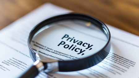 A giant magnifying glass over a "Privacy Policy," making it unreadable, symbolizing how hard it is to protect personal information in today world.の素材