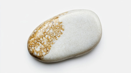 A single, smooth white stone placed in the center of a solid white background, symbolizing tranquility.の素材