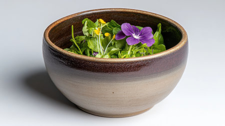 A minimalistic ceramic bowl with a small salad inside, placed on a white surface, showcasing no visible branding.の素材