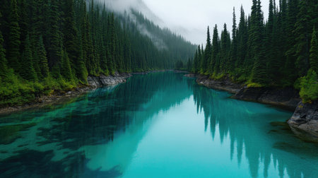 A clear, turquoise river winding through a forest canyon, reflecting the surrounding nature in its calm waters.の素材