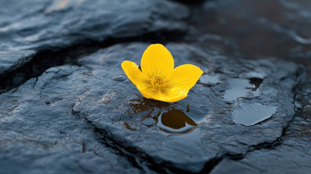 A bright yellow flower pushing through rough cement, illustrating the harmony between nature and cities.の素材