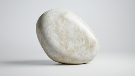 Close-up of a smooth white stone placed perfectly in the center of a solid white studio background for a calming effect.の素材