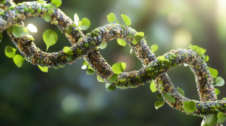 A 3D-rendered DNA chain constructed from tree branches, illustrating the connection between plants and genetics.の素材