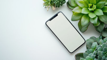 Flat lay of a modern white smartphone placed against a clean solid white background, showcasing its sleek design.の素材