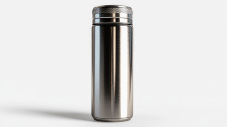 A stainless steel thermos bottle on a white background, highlighting its polished finish with no branding.の素材