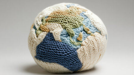 A beautifully knitted Earth made of soft yarn, with detailed continents and oceans crafted from colorful threads.の素材