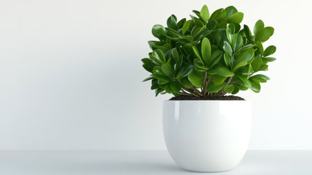 A single green plant in a minimalist white pot on a plain white background, emphasizing simplicity.の素材