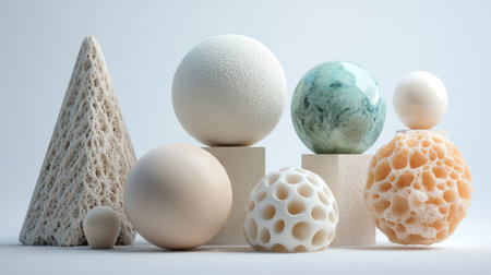 Abstract geometric shapes in soft pastel colors placed on a stark white surface.の素材