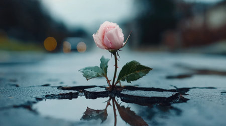 A soft pink flower pushing through cracked urban pavement, a powerful image of ecological renewal.の素材