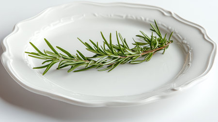 A simple white plate with a sprig of rosemary, placed on a clean white surface with no branding.の素材