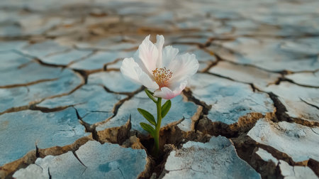 A delicate bloom rising from cracked cement, symbolizing environmental sustainability and perseverance.の素材