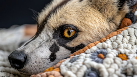 A highly detailed close-up of an African wild dog, showcasing its colorful fur pattern and alert expression.の素材