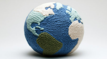 A beautifully knitted Earth made of soft yarn, with detailed continents and oceans crafted from colorful threads.の素材