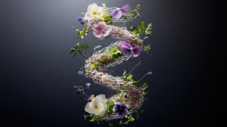 A DNA helix made of flowers and vines, softly illuminated against a dark gradient background, symbolizing bio-genetics.の素材