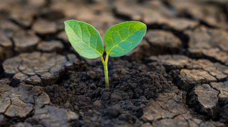 A small leaf emerging from arid soil, standing as a beacon of hope amid climate challenges.の素材