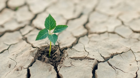 A lone green plant emerging from cracked, dry earth, symbolizing resilience and hope in the face of climate change.の素材