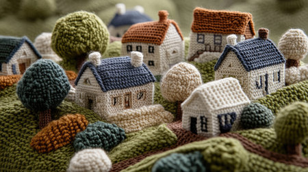 A peaceful knitted village, where every house, tree, and hill is crafted from colorful, cozy yarn textures.の素材