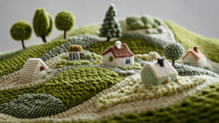 A peaceful knitted village, where every house, tree, and hill is crafted from colorful, cozy yarn textures.の素材