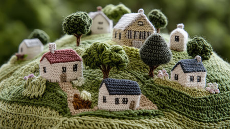 A peaceful knitted village, where every house, tree, and hill is crafted from colorful, cozy yarn textures.の素材
