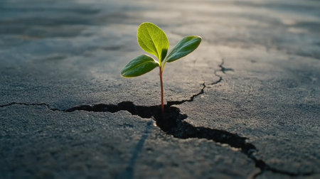 A lone sprout pushing through a crack in concrete, representing nature persistence and the power of sustainability.の素材