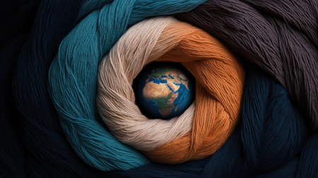 A mesmerizing swirl of vibrant yarn wrapping around the planet, symbolizing how small threads create a vast world.の素材