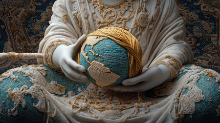 A motherly figure knitting a soft fabric Earth from golden yarn, representing the nurturing power of unity.の素材