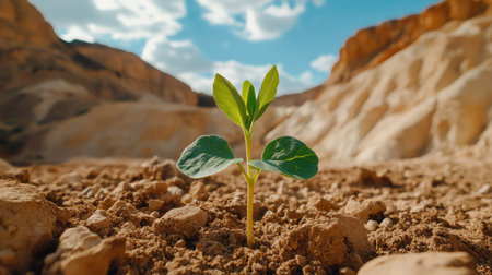 A lonely sprout in a desolate, drought-stricken area, a powerful image of resilience and climate consciousness.の素材