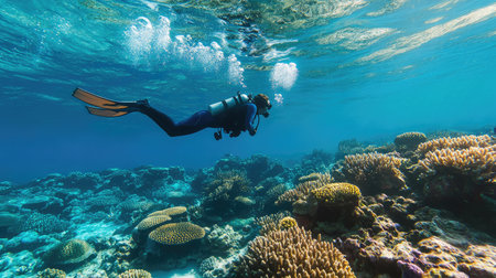 A person scuba diving in a crystal-clear underwater world, exploring coral reefs and marine life during an adventurous dive.の素材