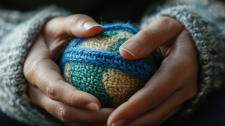 A pair of hands knitting the globe from soft woolen fibers, symbolizing creativity, care, and the bonds of life.の素材