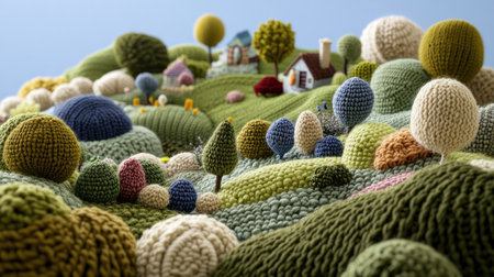A whimsical town built from soft, colorful yarn, with knitted houses, trees, and rolling woolen hills.の素材