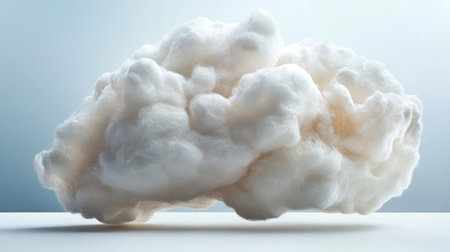Single white cloud shape made with cotton balls against a smooth white background, emphasizing softness.の素材
