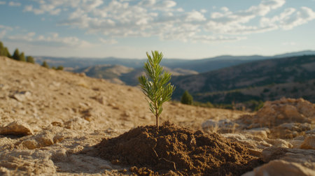 A young plant struggling to survive in dry soil, representing the impact of climate change on ecosystems.の素材