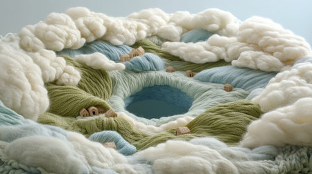 A surreal planet made entirely of knitted yarn, showcasing a textured landscape of hills, houses, and fluffy clouds.の素材