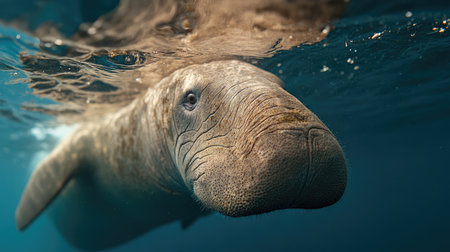 An up-close view of a dugong gentle features, highlighting its marine conservation importance.の素材