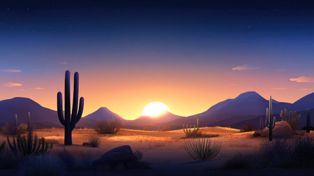 A tranquil desert with cacti and dry land, the sunset casting long shadows over the arid landscape.の素材