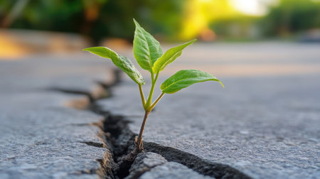 A young green plant fighting for life in a cracked cement road, a powerful representation of environmental consciousness.の素材