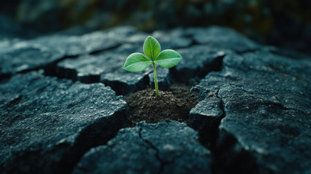 A lone green plant emerging from cracked, dry earth, symbolizing resilience and hope in the face of climate change.の素材