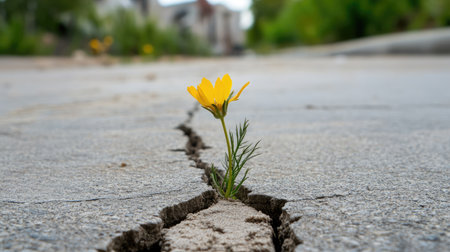 A wildflower standing alone in a concrete crack, showcasing the importance of green spaces in urban environments.の素材