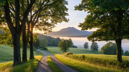 A peaceful countryside road lined with trees, leading toward a distant mountain in the early morning mist.の素材