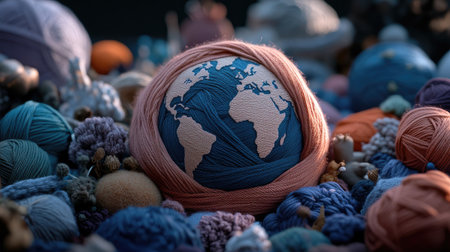 A mesmerizing swirl of vibrant yarn wrapping around the planet, symbolizing how small threads create a vast world.の素材