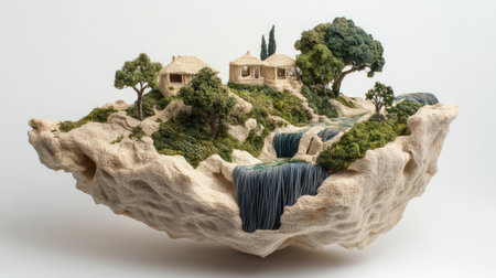 A surreal floating island made of knitted yarn, with houses, trees, and waterfalls all stitched from fabric.の素材