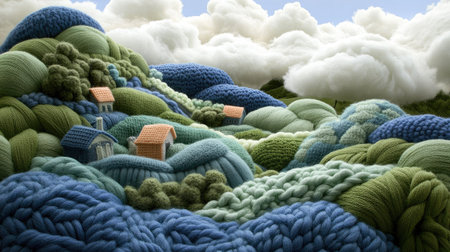A surreal planet made entirely of knitted yarn, showcasing a textured landscape of hills, houses, and fluffy clouds.の素材