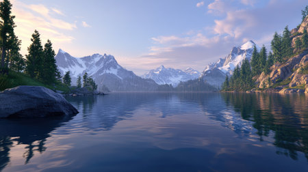 A tranquil lake nestled in the mountains, with the reflection of trees and peaks in the calm water at sunrise.の素材
