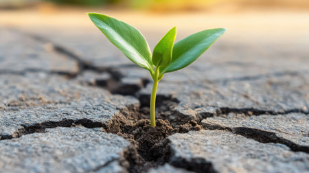 A young green plant fighting for life in a cracked cement road, a powerful representation of environmental consciousness.の素材