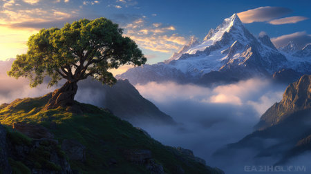 A scenic mountain range covered in mist, offering a sense of adventure and serenity in the early morning light.の素材